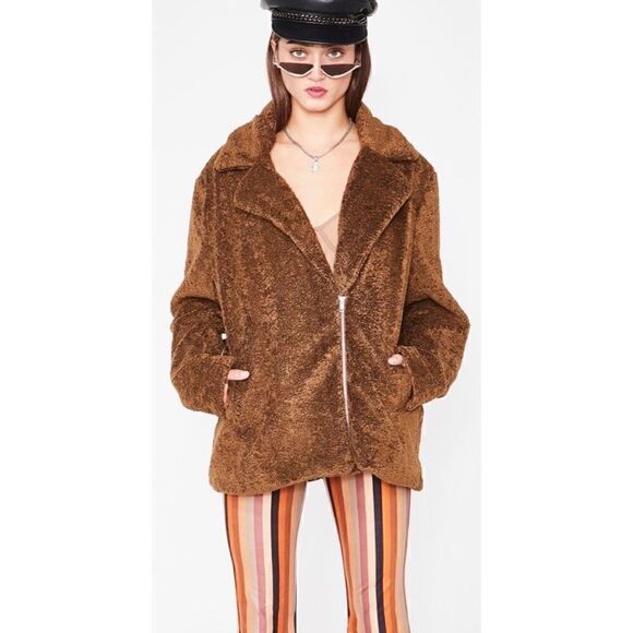 NWT MINKPINK Dawn Jacket Teddy Coat in Mocha, Size Small - Picture 1 of 13